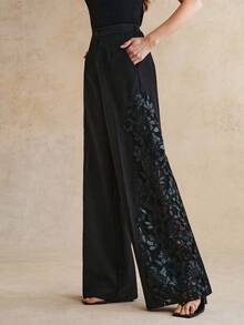 Anewsta Women's High-End Embroidered Hollow Out Straight Leg Pants, Commuting Trousers, Autumn/Winter - Black - View 3