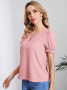 SHEIN Clasi Atasan Polos Kasual Wanita Warna Merah Muda Coral dengan Leher Berlubang dan Lengan Pendek Berkerut - Coral Pink - View 5