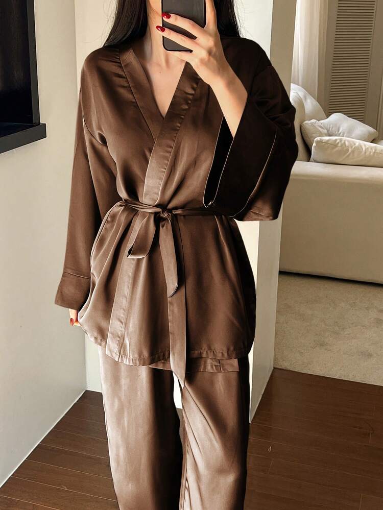 2pcs Minimalist Satin Robe & Pants Sleepwear Set, Spring