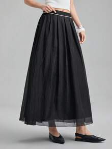 Ontre Chân váy vải dệt dành cho nữ, mẫu mới Xuân/Hè 2026, lãng mạn cho ngày Valentine, mùa cưới, tiệc tùng, thiết kế xếp ly, màu đen, dáng chữ A, thời trang và đa năng. - màu đen - Xem 4