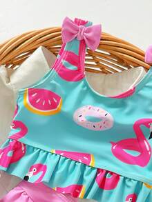 Baby Girls Flamingo Print Swimsuit Set With Ruffled Trim, Cute For Swimming & Vacation, With Hat - Multicolor - View 6