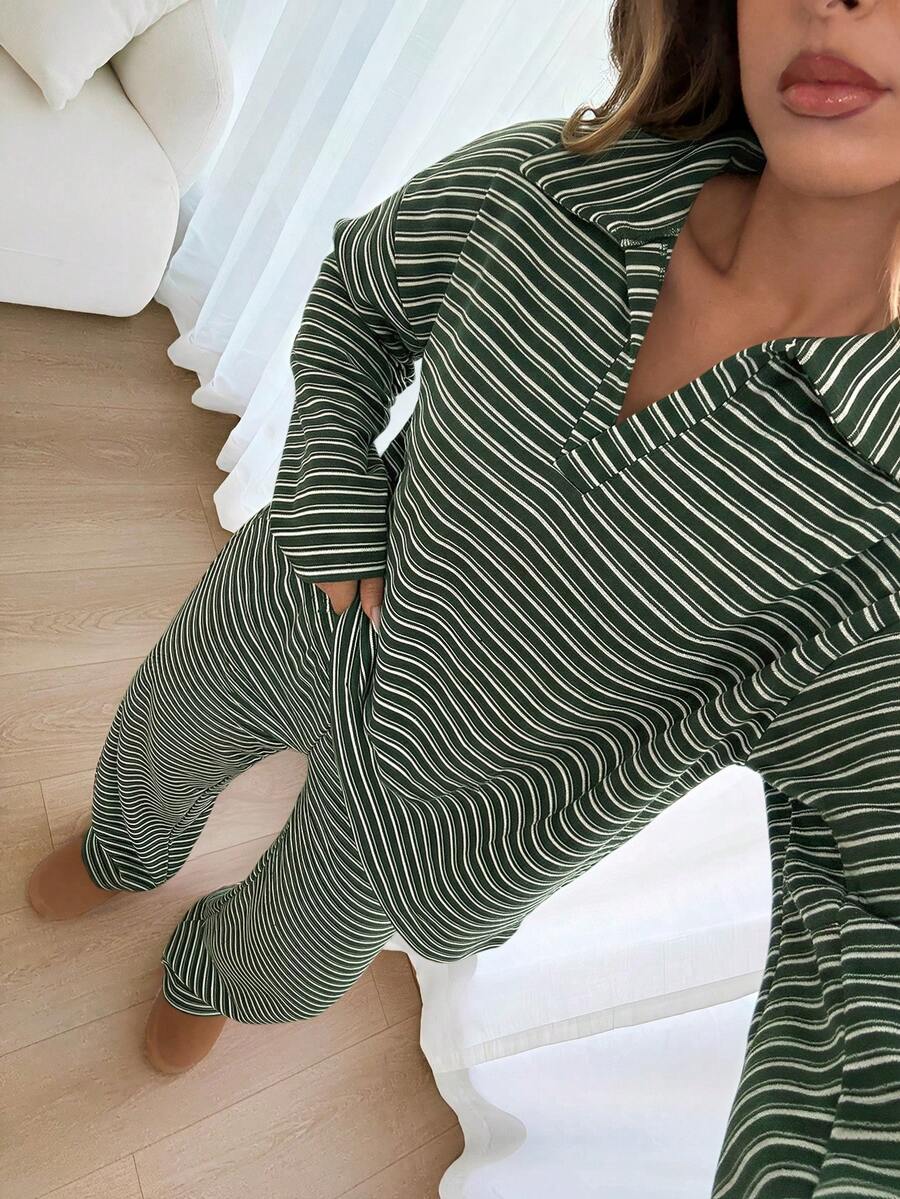 Siren Gaze Women's 2pcs Set Loose Striped V-Neck Drop Shoulder Long Sleeve T-Shirt &Elastic Waist Striped Pants, Winter Sweater Suit ,Autumn/Winter - Dark Green - View 1