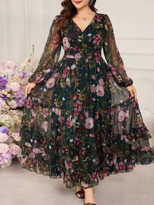 Modelyn 大码女士优雅印花V领长袖系带修身连衣裙 - 墨綠色 - 查看 6