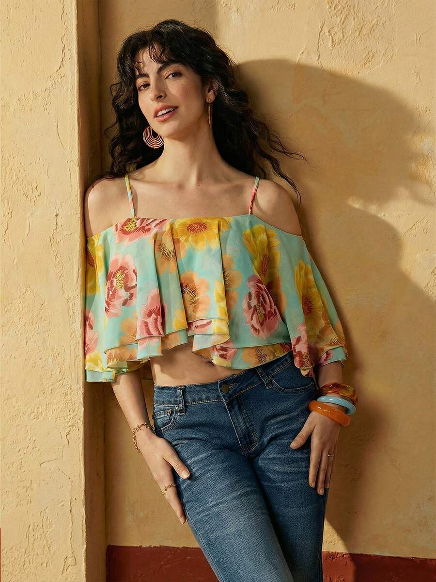 Felipe Marques Áo croptop nữ mùa hè đi biển in hoa, hở vai, xếp tầng, viền bèo nhún. - Nhiều màu - Xem 1