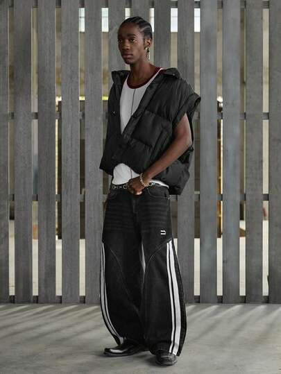 NEON BLANC Men's Pocketed Wide Leg Loose Casual Washed Denim Jeans