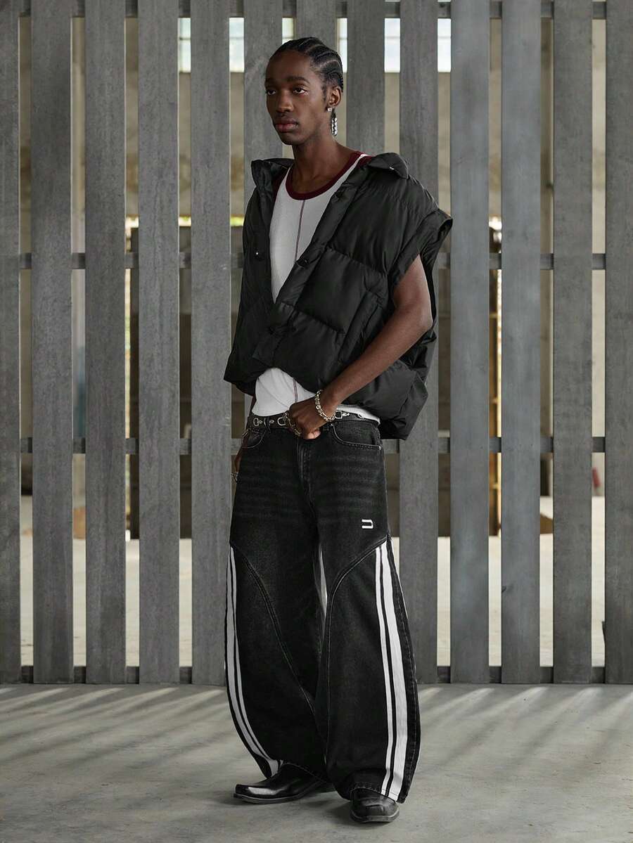 NEON BLANC Men's Pocketed Wide Leg Loose Casual Washed Denim Jeans