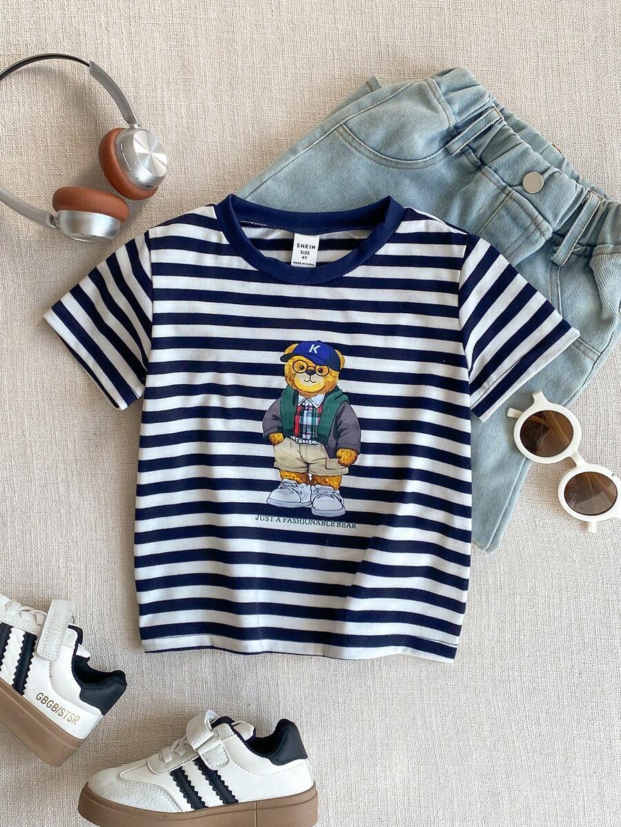 PrepCrw Young Boys' Collegiate Style Bear Graphic Striped Short Sleeve T-Shirt - Blue and White - View 1