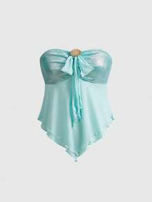 ROMWE Avant Áo croptop quây cổ tròn phối họa tiết vỏ sò gợi cảm cho kỳ nghỉ hè - Màu xanh lam - Xem 1