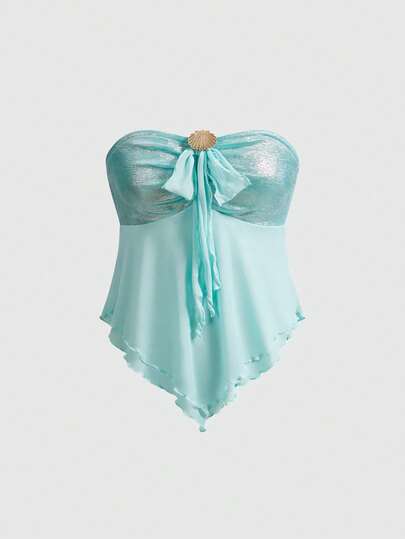 ROMWE Avant Summer Vacation Sexy Ocean Shell Decor Patchwork Hem Bandeau Crop Top