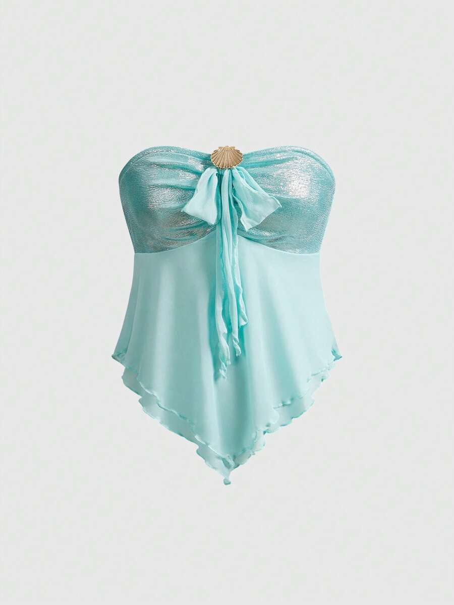 ROMWE Avant Áo croptop quây cổ tròn phối họa tiết vỏ sò gợi cảm cho kỳ nghỉ hè - Màu xanh lam - Xem 1