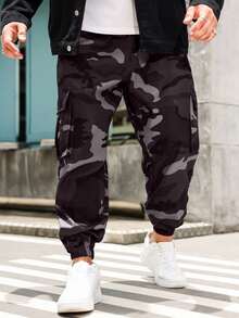 Manfinity LEGND 加大码男士迷彩印花工装裤 迷彩工装慢跑裤 男士宽松迷彩裤 男士工装裤 松紧腰迷彩裤 男士街头风裤子 - 彩色 - 查看 5