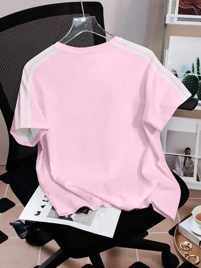 LOONEY TUNES X SHEIN Women's Casual Letter & Cartoon Graphic Round Neck Short Sleeve T-Shirt, Summer