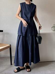 FRIFUL Women's Casual Denim Crew Neck Sleeveless Top And Mini Skirt Set - Blue - View 7