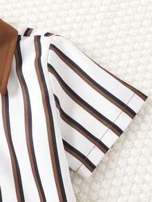 2件套幼儿男童时尚休闲条纹印花短袖衬衫短裤套装，夏季 - 彩色 - 查看 6