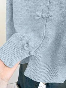 Franclia Áo dệt kim không tay cổ tròn dáng rộng màu xám, kiểu dáng thường ngày, có khuy cài hình ếch kiểu Trung Quốc, dành cho nữ, mùa xuân/thu. - Màu xanh lam - Xem 3