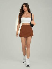 SHEIN Tall Váy quần nữ màu trơn cạp cao xẻ tà bên hông kiểu dáng thường ngày - màu nâu - Xem 5