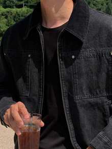 DAZY Black Washed Vintage Jacket Paired With Men's Denim Suit, Spring - Black - View 7