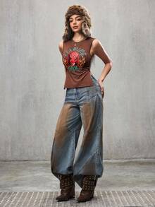 SHEIN HOT STUFF ملابس علوية صيفية للنساء بنمط كرتوني مع شق جانبي وظهر مكشوف وربطة خلفية - قهوة بني - مشاهدة 7