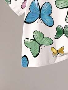 Baby Girls Cute Floral Print Fashion Round Neck Short Sleeve T-Shirt And Shorts Set, Suitable For Parties And Gatherings. Butterfly Print Round Neck T-Shirt Paired With Green Shorts, Butterfly Pattern Design, Lightweight And Comfortable For Spring/Summer. Fashionable Casual Outfit, Suitable For Street, Outdoor, Picnic, School, Holidays, And Gifts.