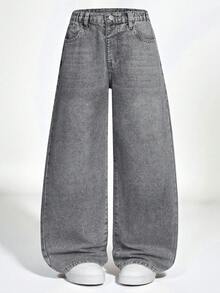 Explorewe Teenage Boys' Vintage Washed Gray Loose Fit Wide Leg Casual Jeans, American Style High Street All-Match Denim Pants - Black - View 5