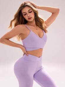Sovereign Charm 三件套休闲百搭浅紫色可拆卸垫肩运动套装：可调节上衣，收腰喇叭裤 - 淡紫色 - 查看 6