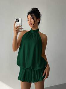 Aloruh Women's Solid Color Pleated Halter Backless Sleeveless Mini Dress - Dark Green - View 7