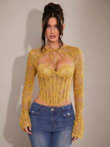SHEIN BAE 夏季服装，秋季内搭上衣，黑色蕾丝紧身胸衣，下午茶风格，宫廷风格服装，适合约会、下午茶、派对、旅行穿着，长袖上衣，女士上衣 - 黃色 - 查看 5