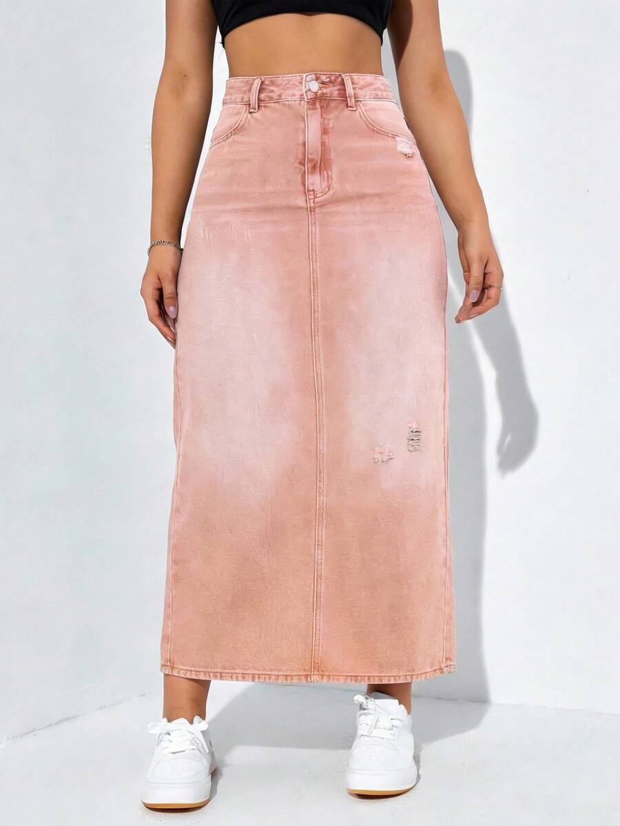 Rivivi Casual Washed Distressed Long Denim Skirt - Orange - View 1