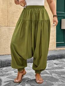 Breezaya 大码女式梭织休闲灯笼绿宽松长裤波西米亚风长裤女式夏季裤宽松哈伦裤女式度假装 - 綠色 - 查看 5