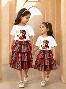 2pcs/Set Young Girls Short Sleeve Top And Skirt Set,Cartoon Girl Print White Tee,Geometric Pattern Multi-Layer Mini Skirt,Summer,Family Matching - White - View 1