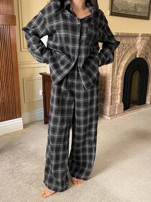 DAZY 2 pièces Ensemble de pyjama à carreaux de Noël pour femmes, chemise ample à manches longues et pantalon long, automne/hiver - Noir - Voir 6