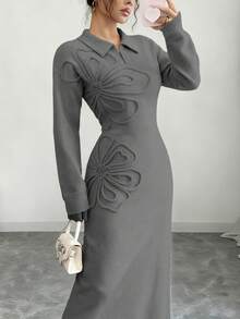 Selianne Women's Elegant Solid Color 3D Floral Decor Knitted Dress, Autumn/Winter - Grey - View 4