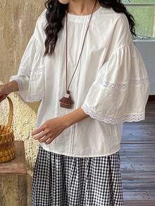 FRIFUL Women's Cotton Patchwork Sheer Lace Embroidered Loose Blouse - White - View 4