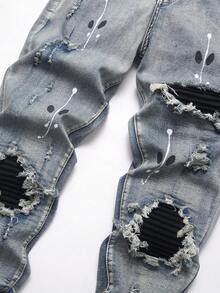 Manfinity Roughcore Quần jeans denim nam phong cách thường ngày, rách, phối nhiều mảng, kẻ sọc, bạc màu, giặt mài. - Rửa nhẹ - Xem 3