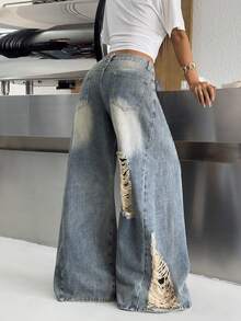 SHEIN EZwear Quần jeans nữ ống rộng dáng suông, có túi, kiểu dáng thường ngày, chất liệu denim. - Rửa tối - Xem 2