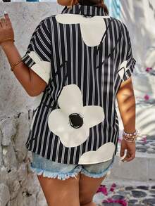 EMERY ROSE Plus Size Front Button Heart Casual Loose Batwing Sleeve Blouse,Valentine - Multicolor - View 2