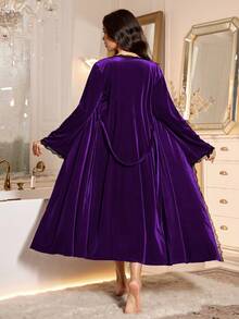 SHEIN Women's Velvet Lace Patchwork Elegant Camisole Nightgown And Robe Set, Autumn/Winter - Purple - View 7