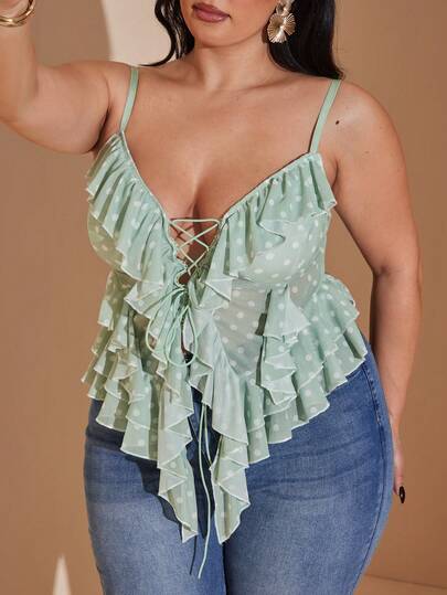 SHEIN BAE 大码优雅波点印花荷叶边吊带上衣，夏季