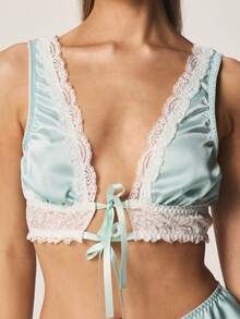 MISSGUIDED Mint Green Satin Lace Trimmed Bralette With Deep V Neckline And Tie Front Closure For Intimate Occasion