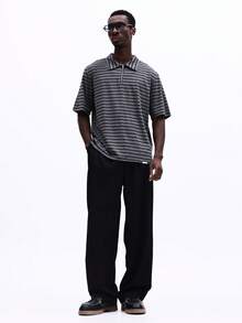 SUMWON Men's Striped Quarter Zip Polo Shirt Short Sleeve Collared Top Casual Summer Relaxed Fit - Grey - View 3