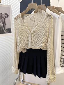 Franclia Casual Loose V-Neck Long Sleeve Hollow Knit Button Design Apricot Women Cardigan, Lightweight For Spring/Summer - Apricot - View 1