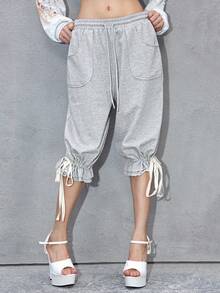 ROMWE Avant Multi-Layer Drawstring Tie Frayed Hem Casual Capri Pants - Grey - View 6