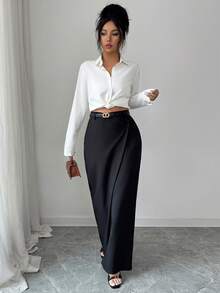 Modelyn 女士纯色裹身交叉腰部休闲裤 - 黑色 - 查看 4