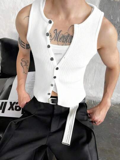 Manfinity Roghcode Men's Solid Color Single-Breasted Casual Knit Vest Ribbed Knit Vest Men Men's Button Up Vest Men's White Vest