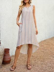 EMERY ROSE 女士夏季条纹圆领口袋高低摆无袖休闲连衣裙 - 彩色 - 查看 7