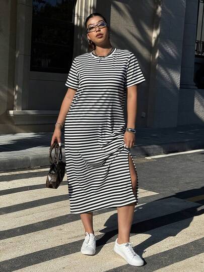 SHEIN EZwear 2026Plus Size Women Striped Round Neck Short Sleeve Side Slit Hem Casual DressOutdoor Clothing, Back To School, Street Clothing, Y2K Clothing,  Clothing