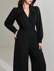 DAZY 女士翻领收腰优雅都市休闲连体裤 - 黑色 - 查看 1