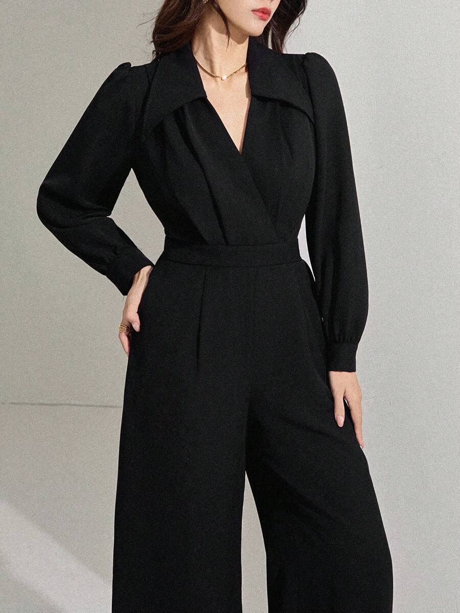 DAZY 女士翻领收腰优雅都市休闲连体裤 - 黑色 - 查看 1