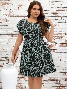 Reflora Đầm nữ cỡ lớn mùa hè, kiểu dáng thường ngày, họa tiết hoa, tay bồng, eo thắt, gấu đầm xếp nếp. - Màu xanh Bạc hà - Xem 3