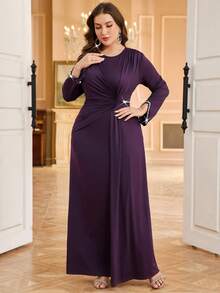 SHEIN Clasi 大码纯色圆领褶皱优雅长袖连衣裙 - 紫色 - 查看 4